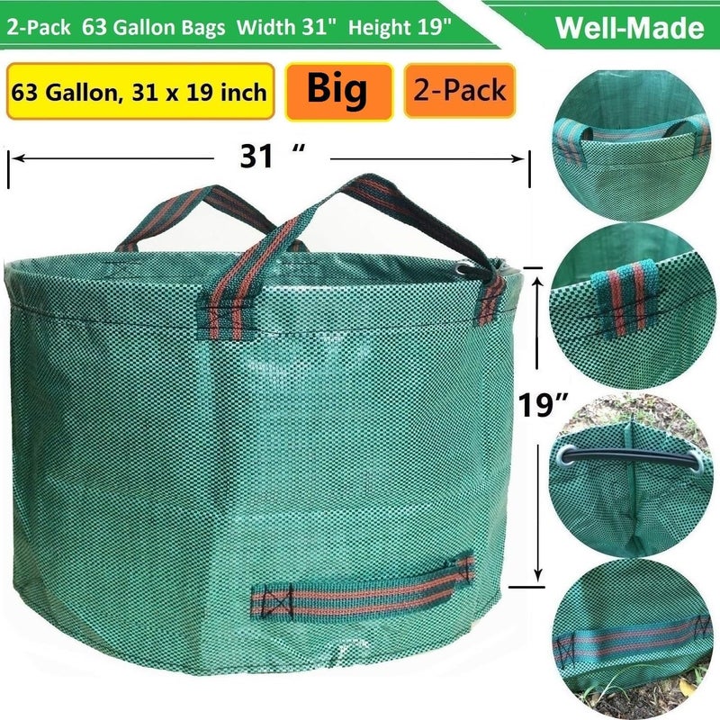 Tespher Professional 2-Pack 63 Gallon Big Lawn Garden Bags (D31,H19 inch) Yard Waste Bags W/Gardening Gloves,Standable,Reusable Leaf Bag,Garden Trash Container,Lawn Weeds,Grass Clippings,Debris Bag 4 Handles - Image 4